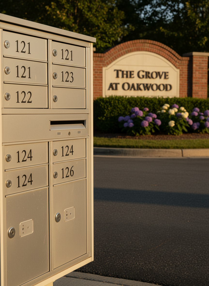 A close-up of a neat suburban mailbox cluster made of brushed aluminum, each compartment labeled with engraved numbers, standing at the edge of a well-maintained HOA community entrance. Behind it, a brick entry sign with the community’s name in clean serif lettering is framed by trimmed boxwood hedges and seasonal flowers in muted tones. Late afternoon golden light casts soft, elongated shadows across the pavement and highlights the metallic texture of the mailbox doors. Captured in photographic realism from a slightly low angle using the rule of thirds, the composition feels calm, structured, and subtly formal, symbolizing the shared spaces and communication channels overseen by HOA governance.