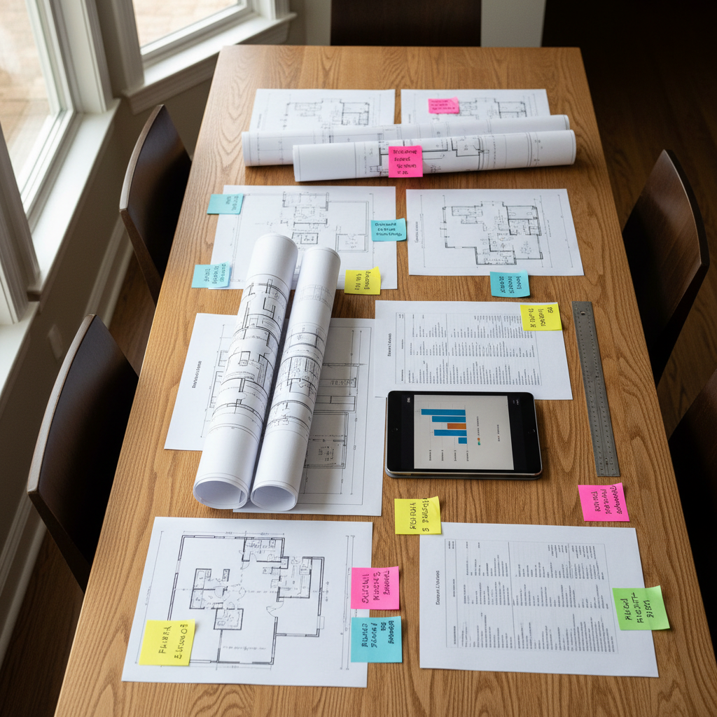 An overhead photographic view of a long, polished oak dining table transformed into an HOA planning workspace, covered with neatly aligned architectural blueprints, printed policy drafts, and a tablet showing a bar chart. Colored sticky notes mark key sections on the documents, and a metal ruler lies parallel to the table’s edge. A large window outside the frame bathes the scene in bright but diffused daylight, creating crisp, legible details without harsh shadows. The mood is analytical and methodical, emphasizing careful decision-making. The composition uses a flat-lay style with sharp focus across the entire frame, delivering a clean, modern, professional aesthetic ideal for illustrating structured HOA planning and oversight processes.